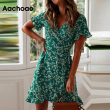 Load image into Gallery viewer, Aachoae Women Dresses Summer 2021 Sexy V Neck Floral Print Boho Beach Dress Ruffle Short Sleeve A Line Mini Dress Sundress Robe