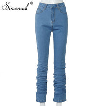 Load image into Gallery viewer, Simenual Ruched Denim Blue High Waist Stacked Jeans Women Clothing Streetwear